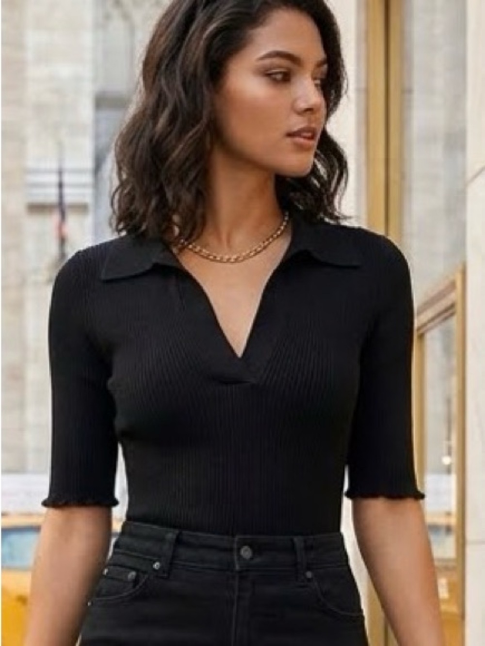 GOOD AMERICAN Rib Knit Polo Sweater Top Short Sleeve V-neck Black 1/2=S-M NWT